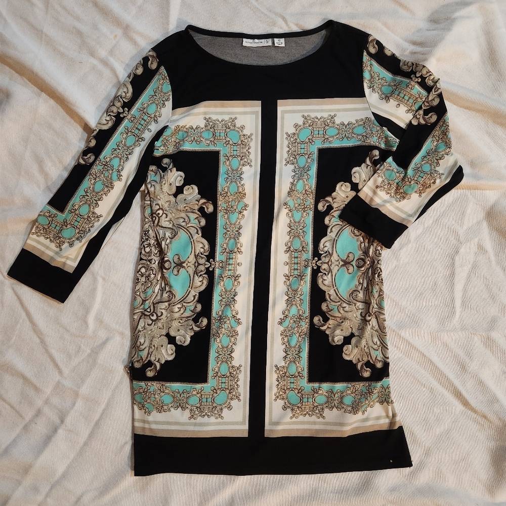 Susan Graver Baroque Print Top XS Stretch Knit 3/4 Sleeve Blouse